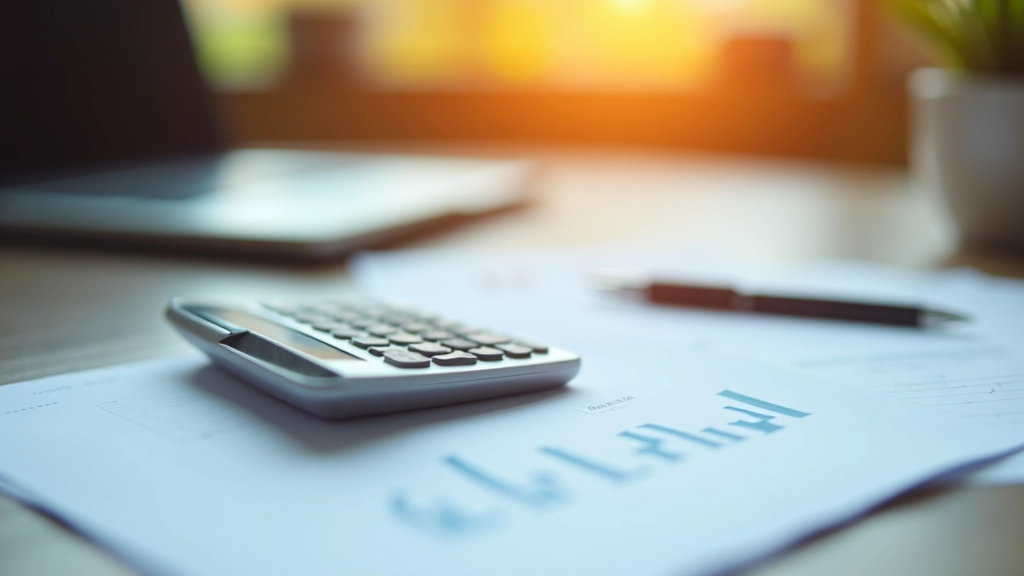 Stůl s kalkulačkou, notebookem a finančními dokumenty s tabulkou ukazující výpočet pojistné částky