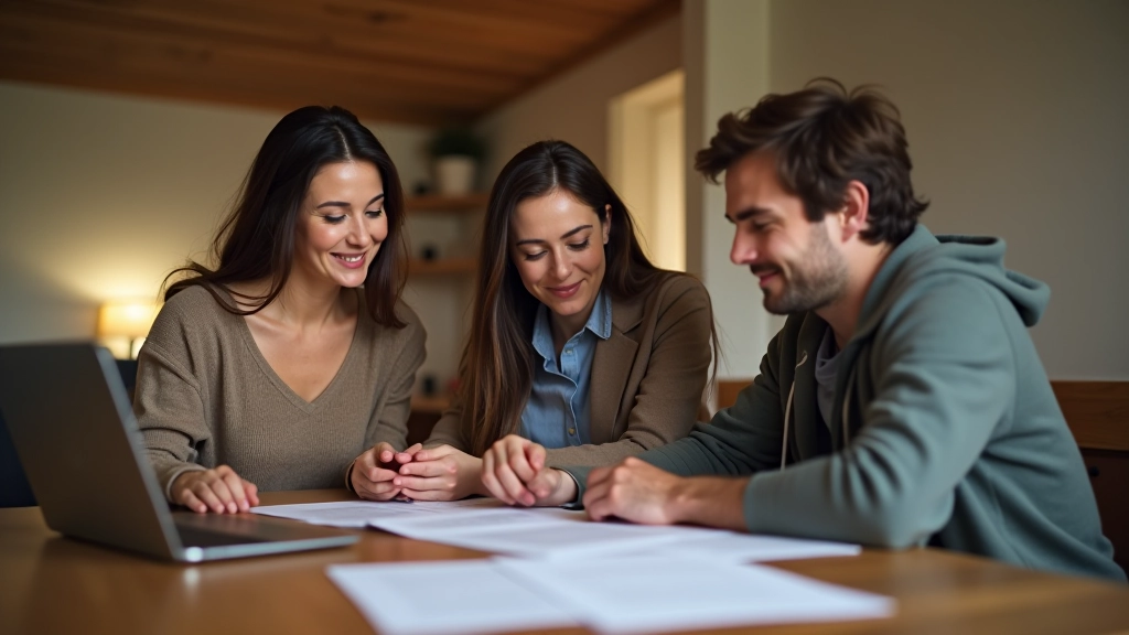 Rodina sedící u stolu se dokumenty o životním pojištění a finančním plánování