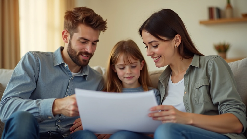 Rodina sedící na gauči se složenými papíry týkajícími se pojistné částky